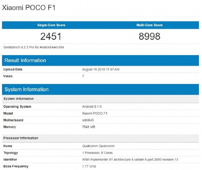 Xiaomi Pocophone F1 Muncul di Geekbench dengan RAM 8 GB 